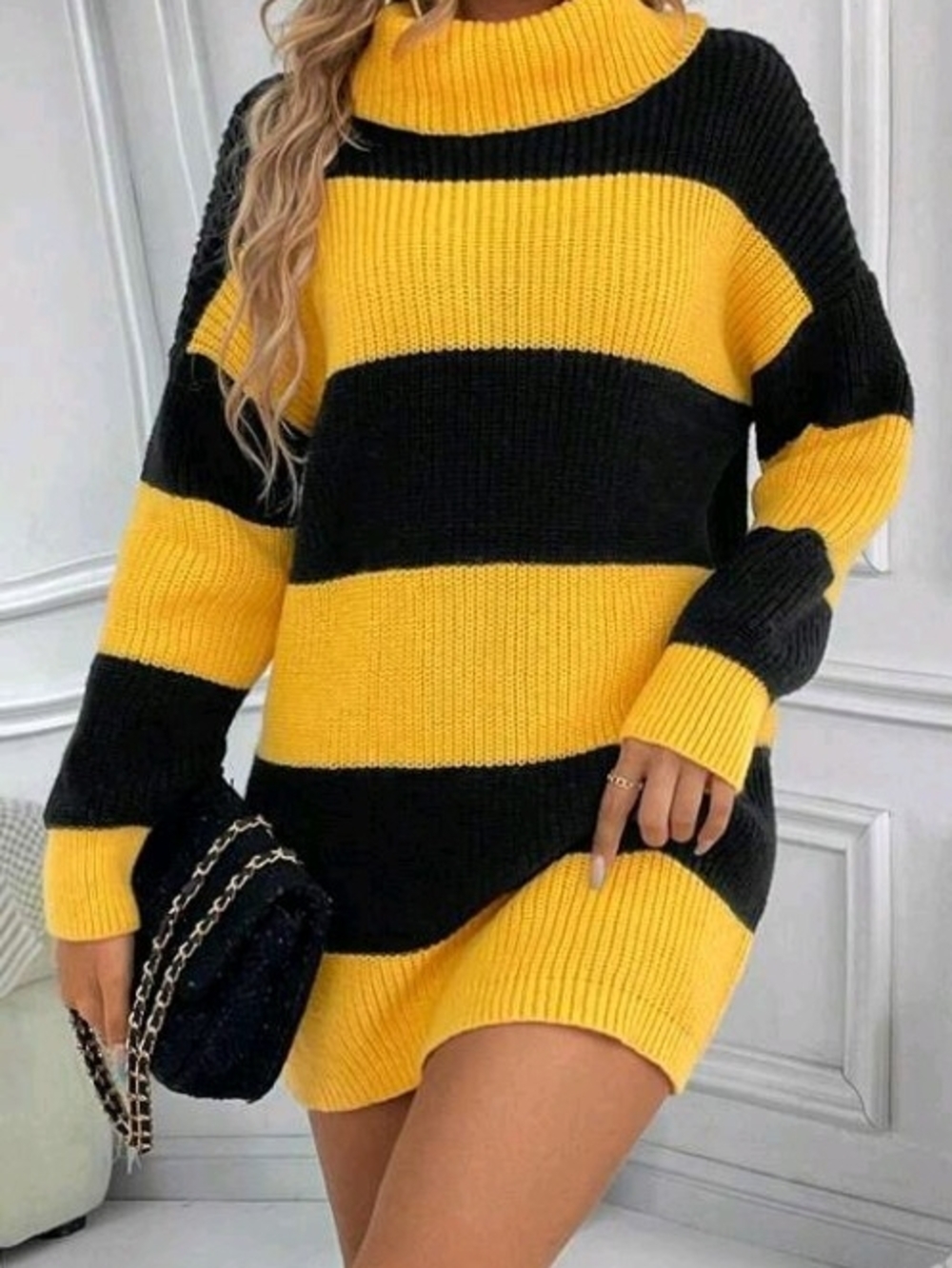 Yellow & Black Striped Knit Sweater Dress